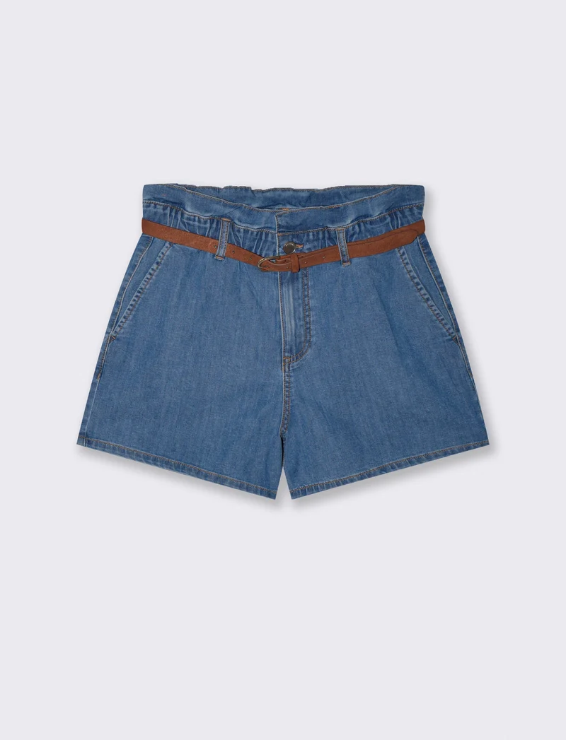 Short con rouches e cintura abbinata - Denim