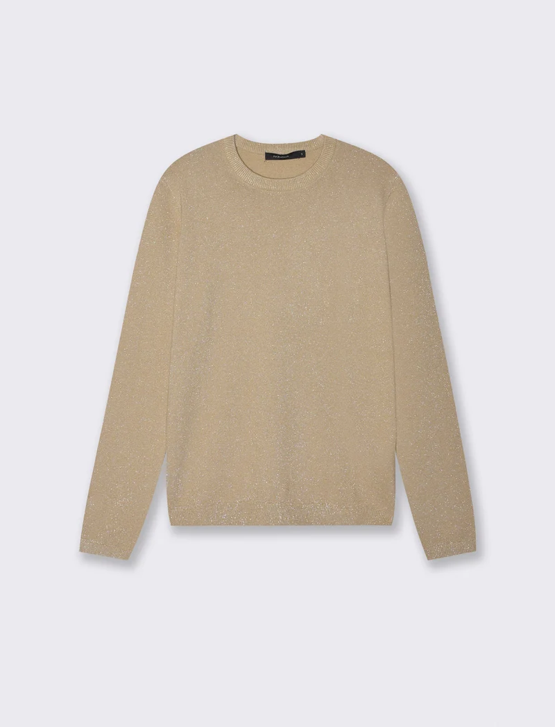 Maglia manica lunga lurex con collo paricollo - Beige