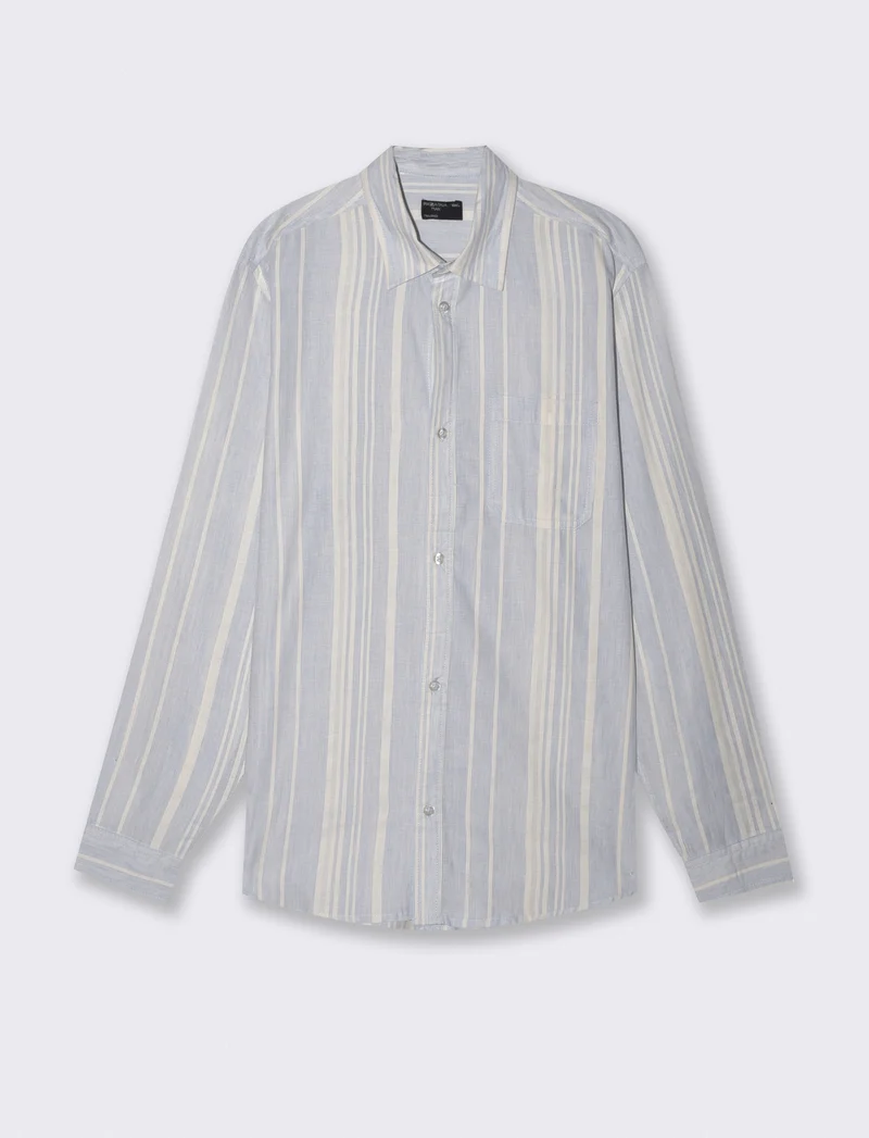 Camicia a righe regular fit in lino cotone - Celeste