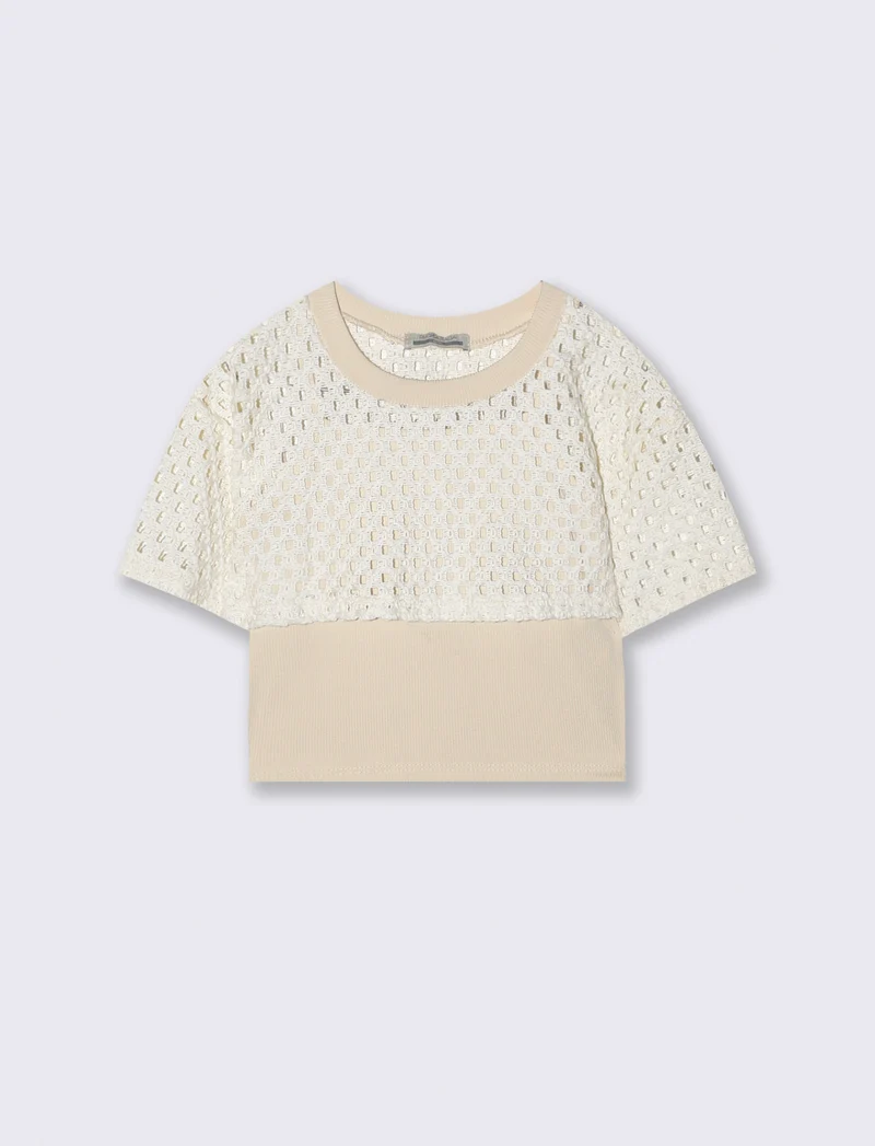Maglietta crop a rete con canotta spallina - Beige