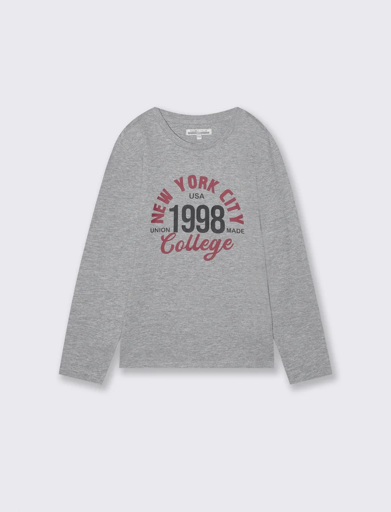 T-shirt manica lunga con stampa frontale - Grigio mel.