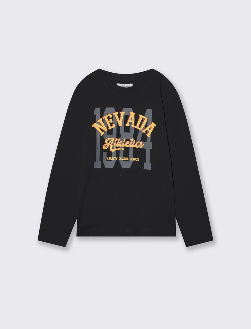 T-shirt manica lunga con stampa frontale - Nero