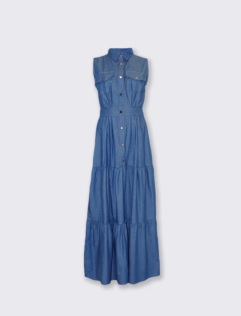 Abito lungo denim a giromaniche e balze - DENIM SCURO
