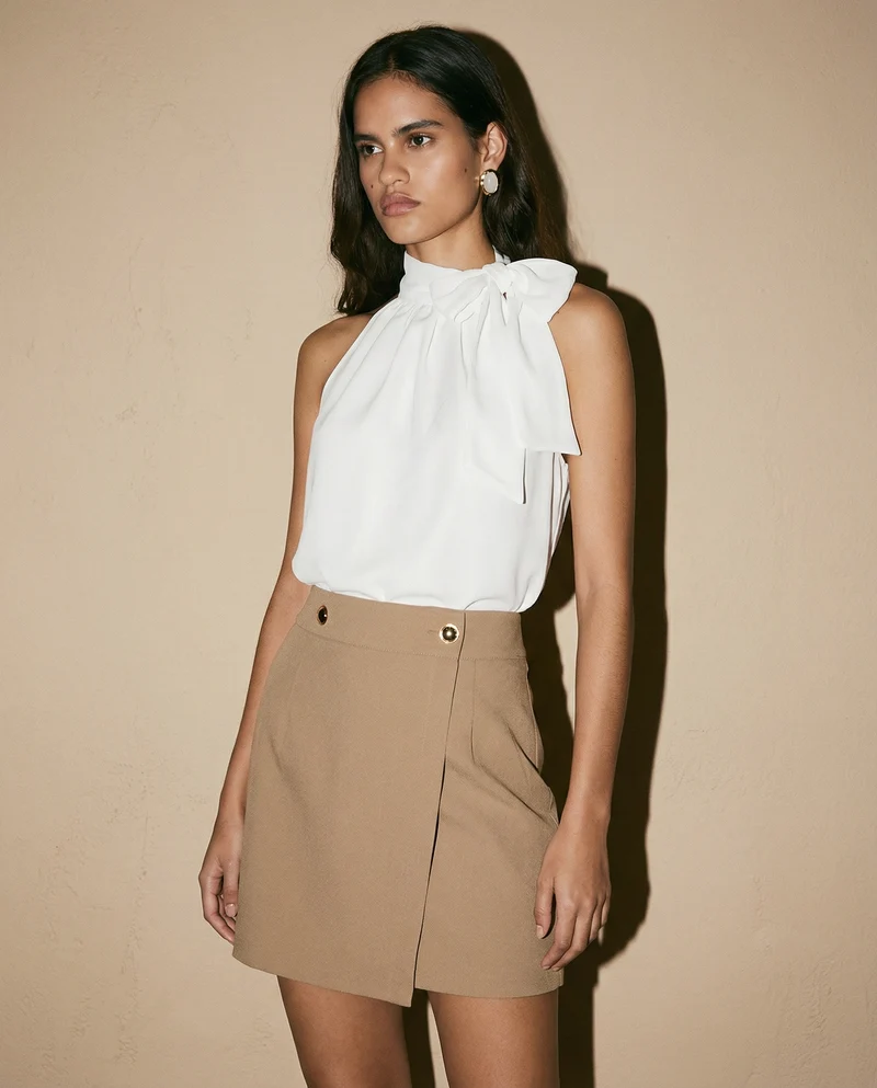 Top a giromanica con fiocco sul collo - Bianco latte