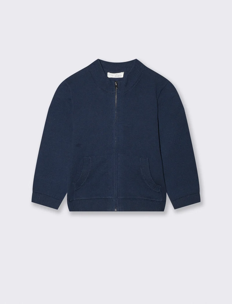 Cardigan basico con zip e tasca canguro - Blu