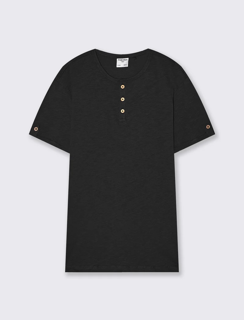 T-shirt cotone collo serafino bottoni - Nero