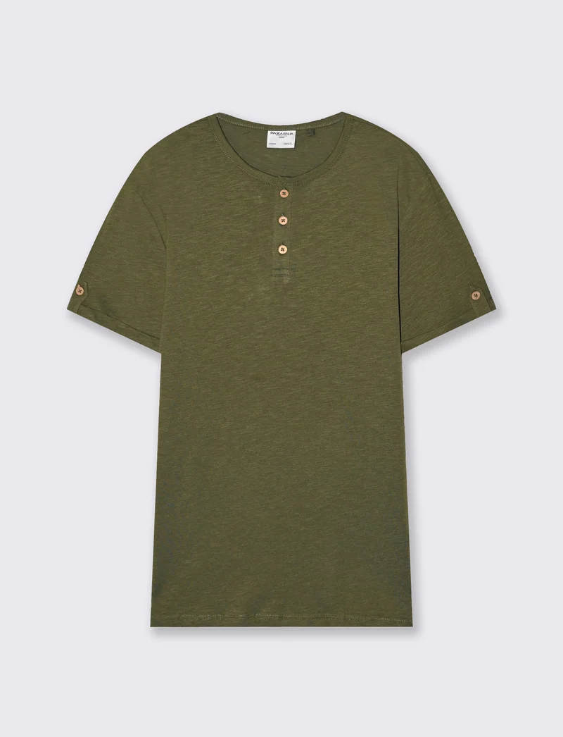 T-shirt cotone collo serafino bottoni - Verde oliva