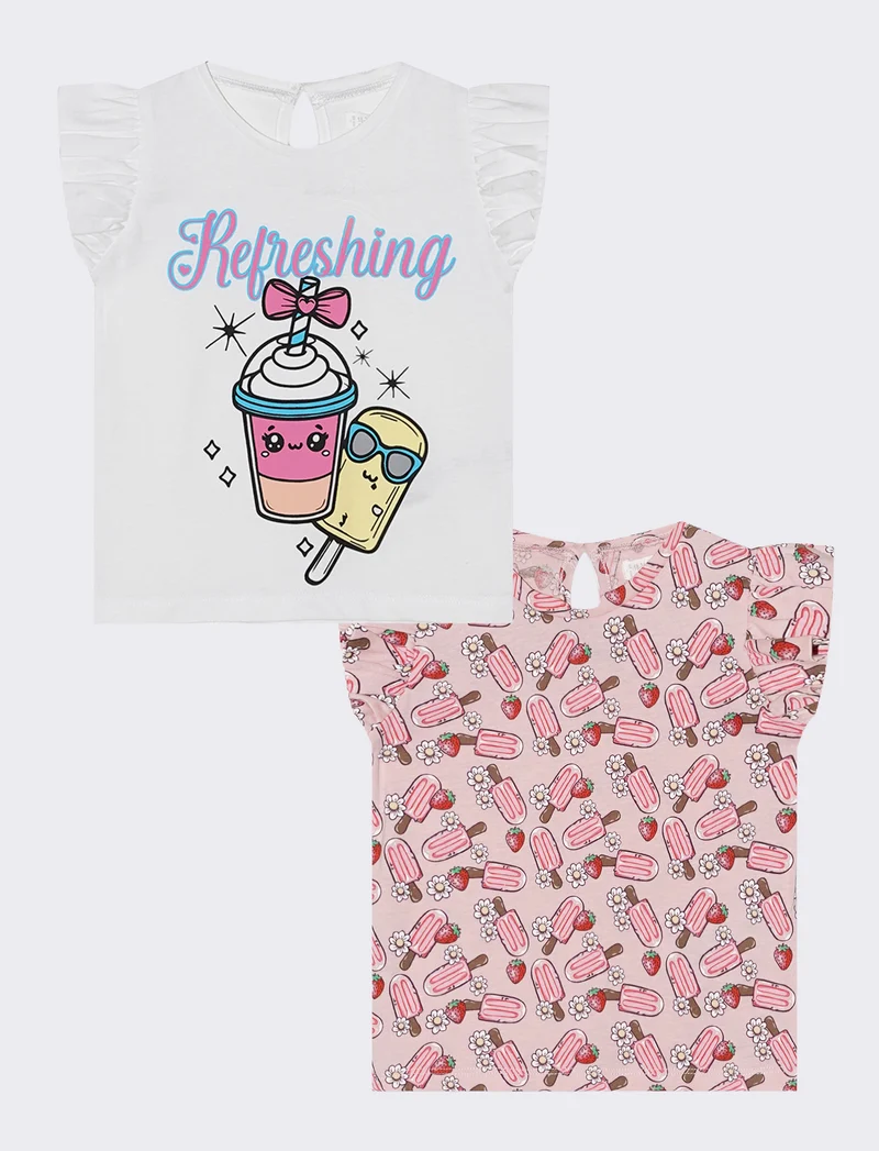 Set bipack di T-shirt con rouches e stampa - Bianco