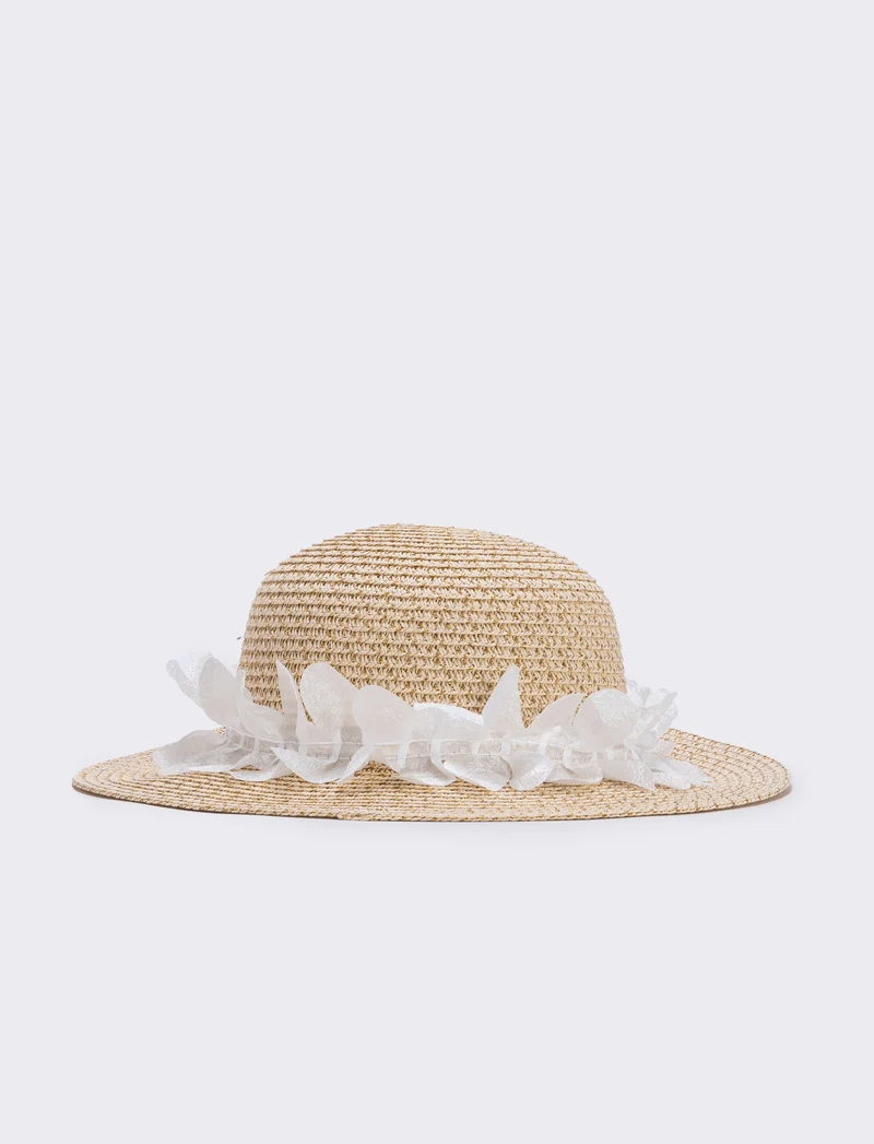 Cappello paglia con falda larga e decorazioni - Bianco natural