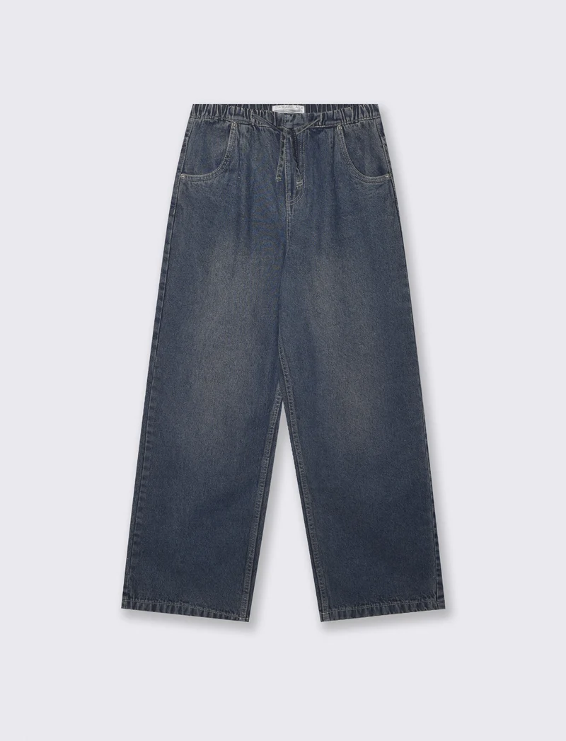 Pantaloni jogger denim wide leg con tasche - Denim