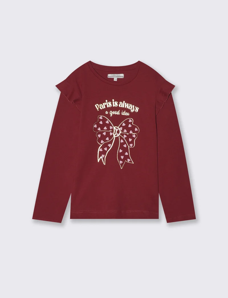 T-shirt lunga con rouches e stampa vivace - Bordeaux