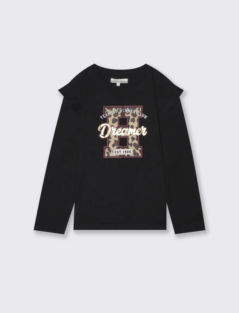T-shirt lunga con rouches e stampa vivace - Nero