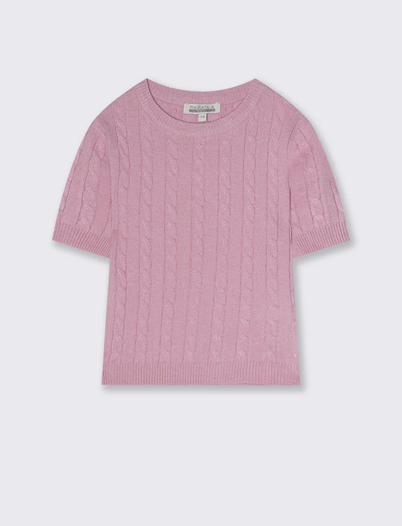 Pullover a mezza manica con trecce - Rosa polvere