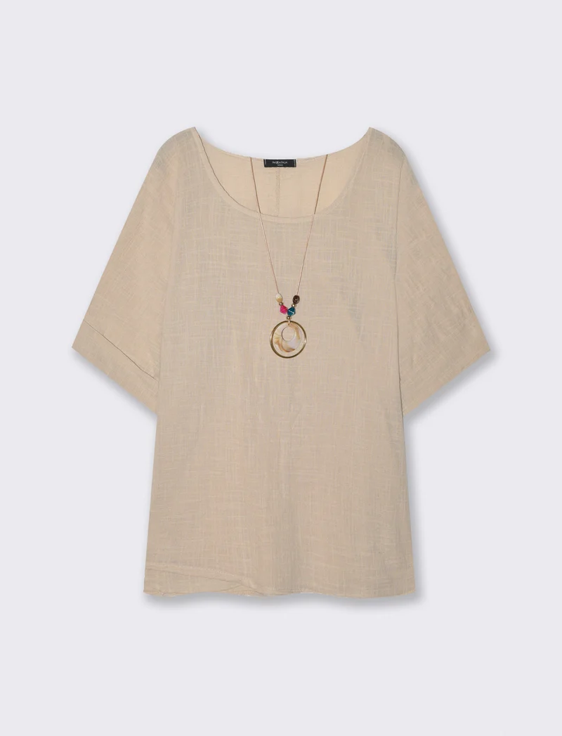 Blusa collo rotondo manica a tre quarti - Sabbia