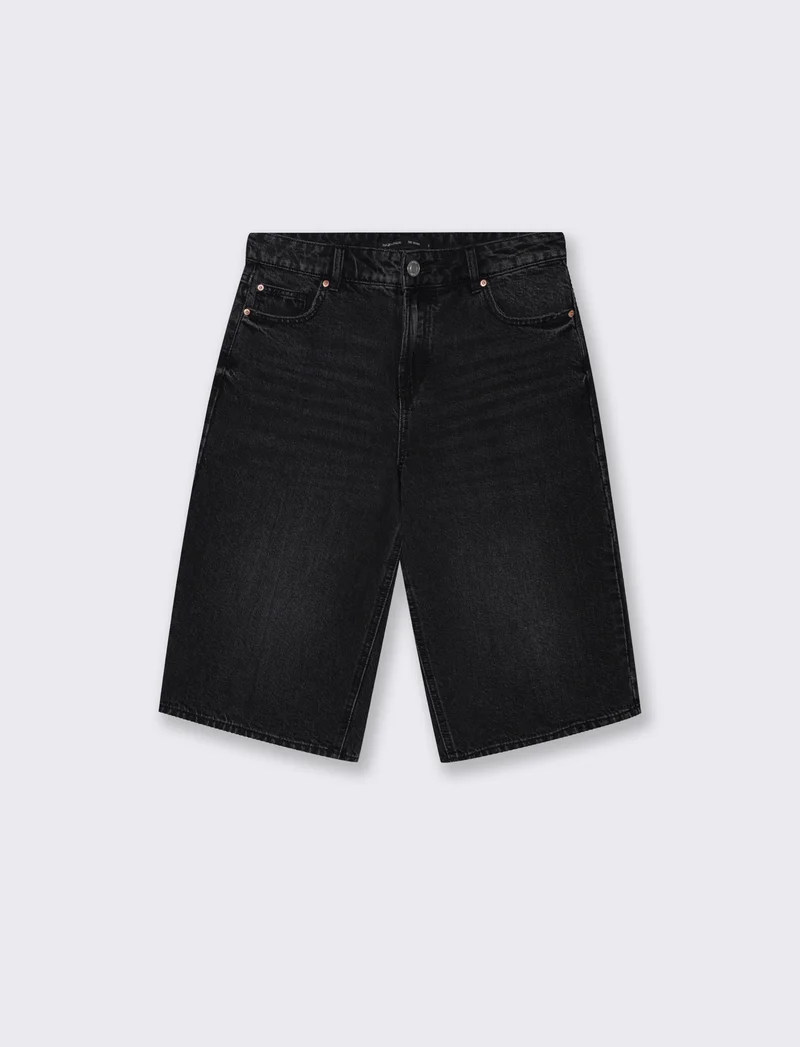 Bermuda denim wide leg vita media - Nero