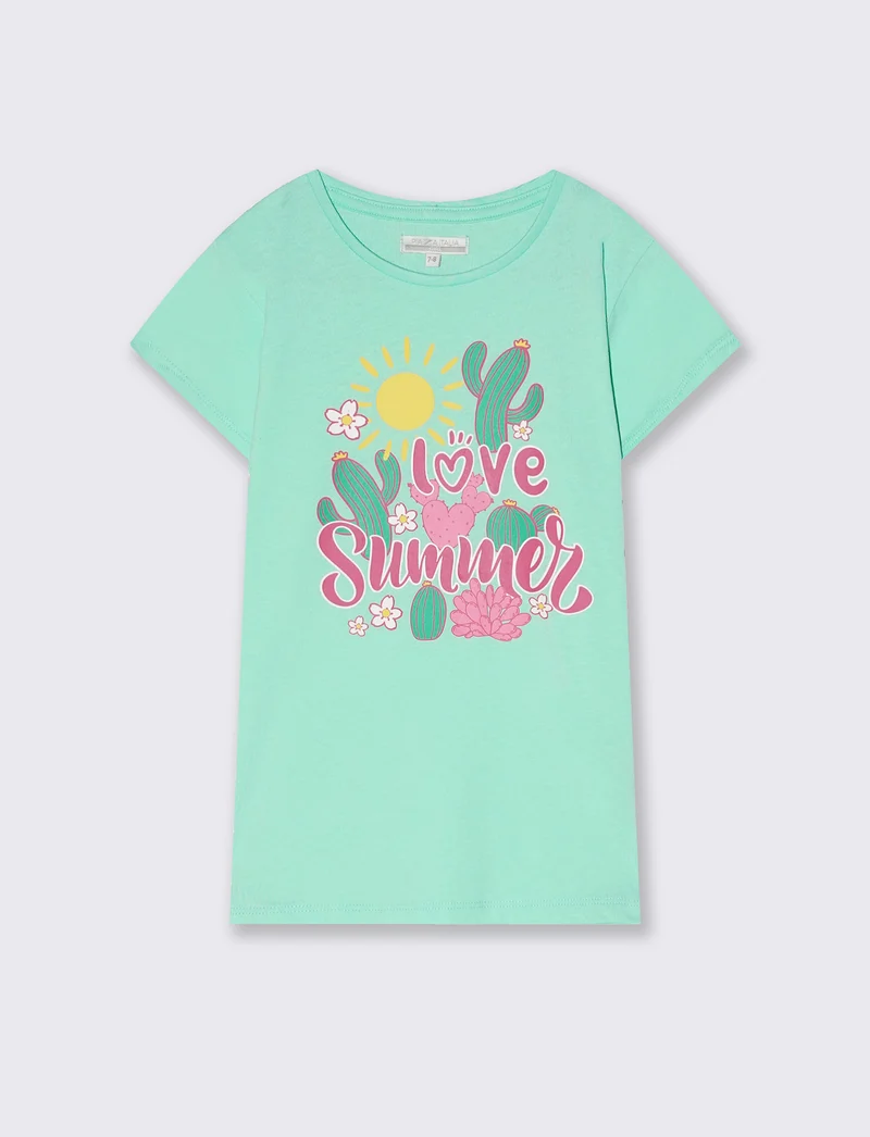 T-shirt estiva bambina con stampa lucida - Verde acqua