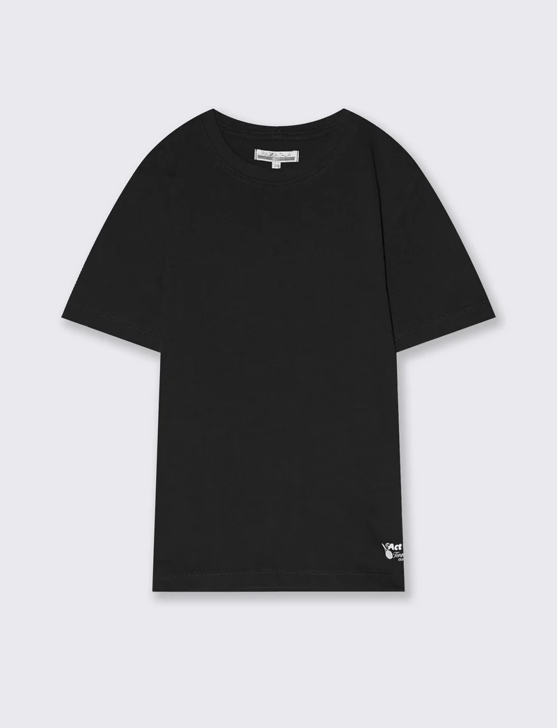 T-shirt mezza manica tinta unita con stampa - Nero