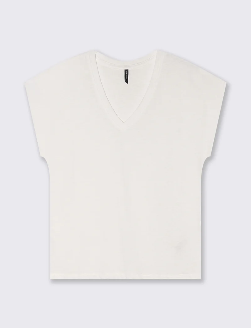 T-Shirt Basica in Cotone con Scollo a V - Avorio