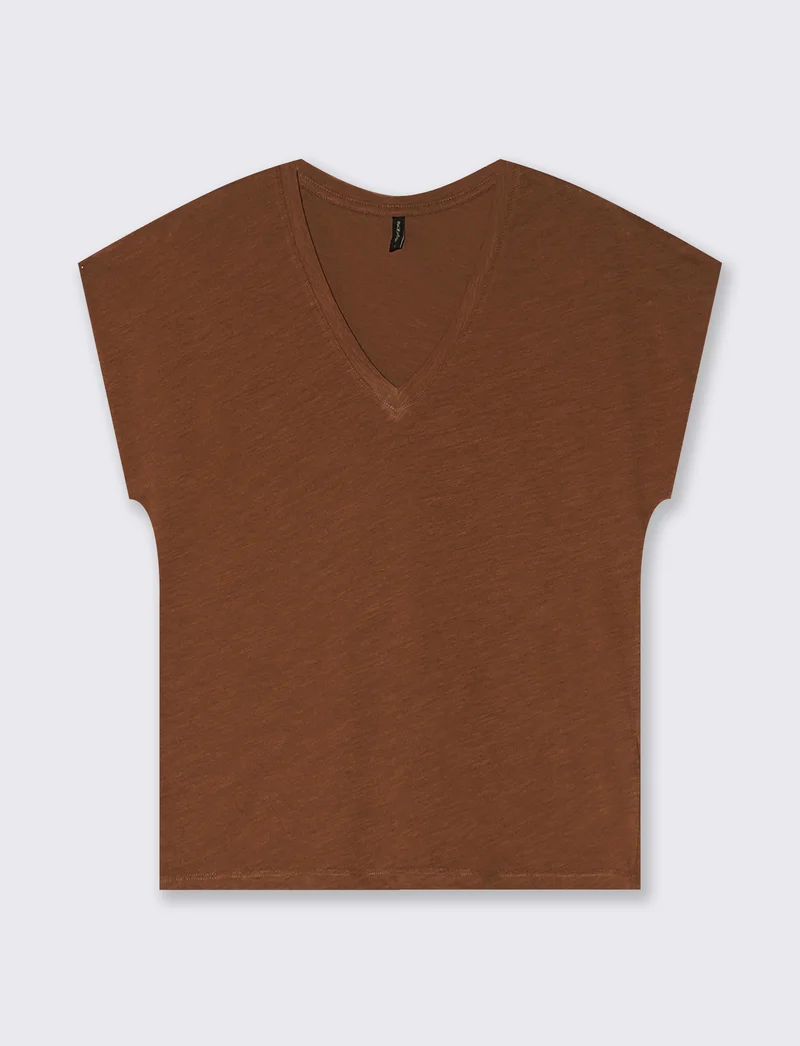 T-Shirt Basica in Cotone con Scollo a V - Marrone tabacco