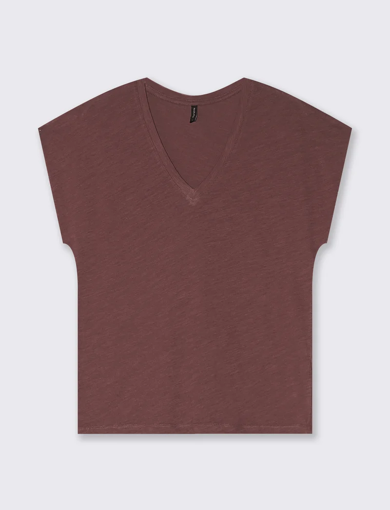 T-Shirt Basica in Cotone con Scollo a V - Rosso amarena