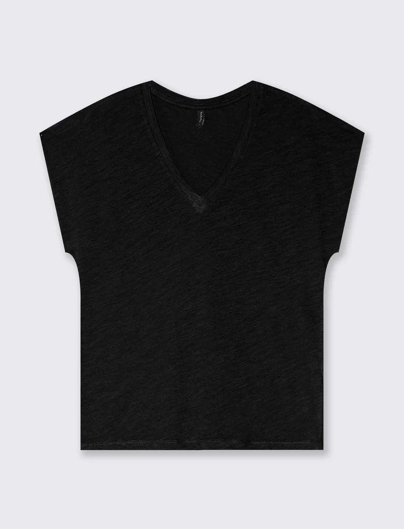T-Shirt Basica in Cotone con Scollo a V - Nero