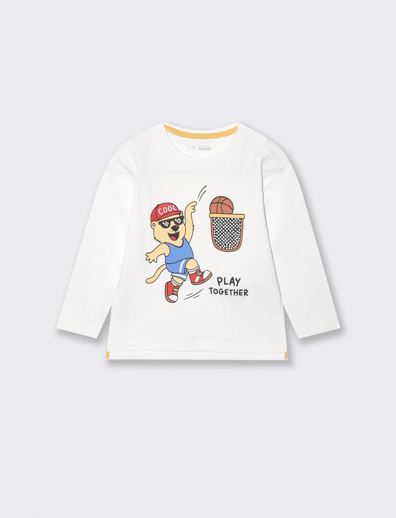 T-shirt girocollo con stampa e manica lunga - Bianco latte