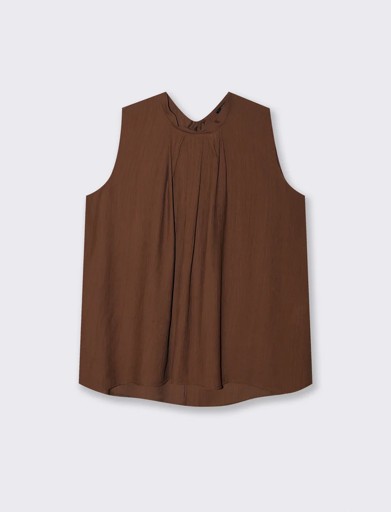 Blusa smanicata con pieghe centrali - Marrone tabacco