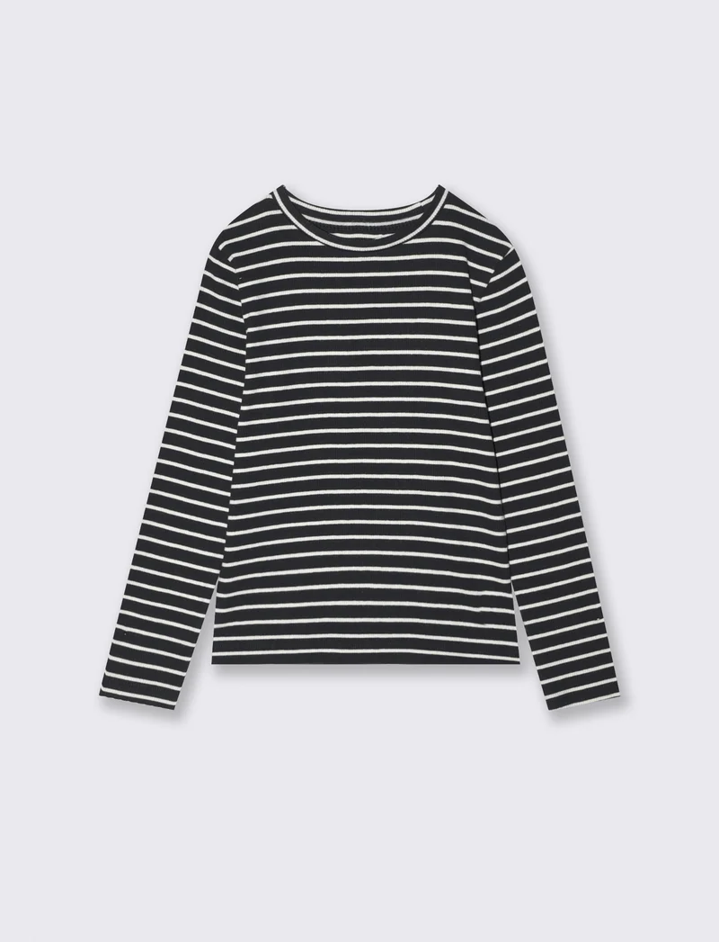 T-shirt manica lunga rigata in cotone - Nero-bianco
