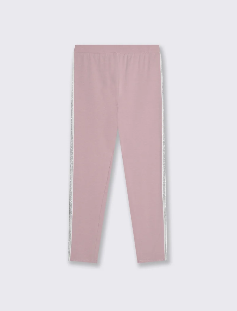 Leggings in cotone con banda lurex laterale - Rosa polvere