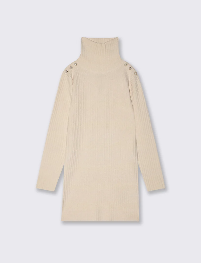 Abito in costina con collo alto e bottoni - Beige