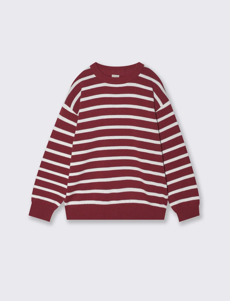 Maglia tricot rigata girocollo e maniche - Bordeaux