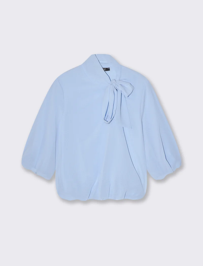 Blusa cropped con fiocco e maniche 3/4 - Celeste