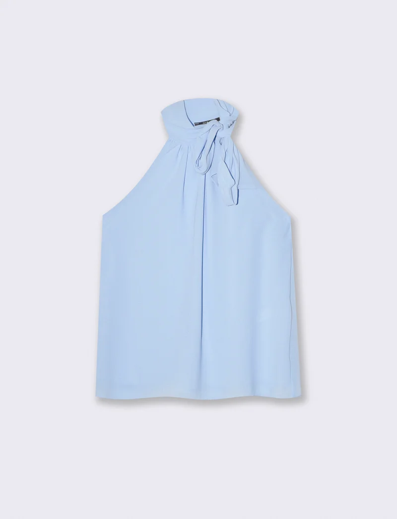 Top a giromanica con fiocco sul collo - Celeste