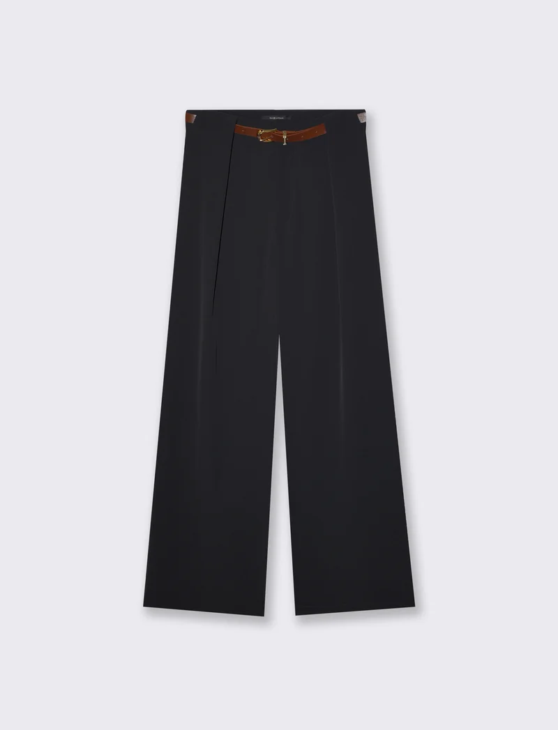 Pantalone con Pieghe e Cintura - Nero