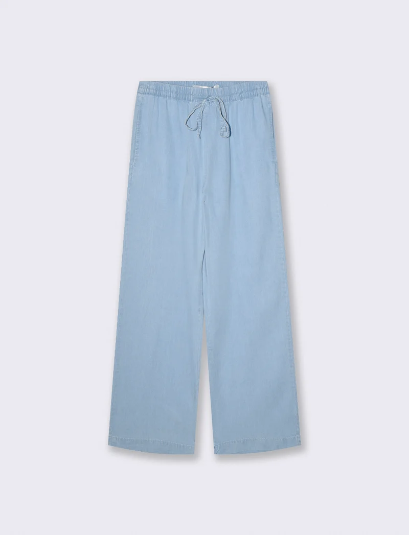 Pantaloni Denim Lyocell con Vita Arricciata - Denim