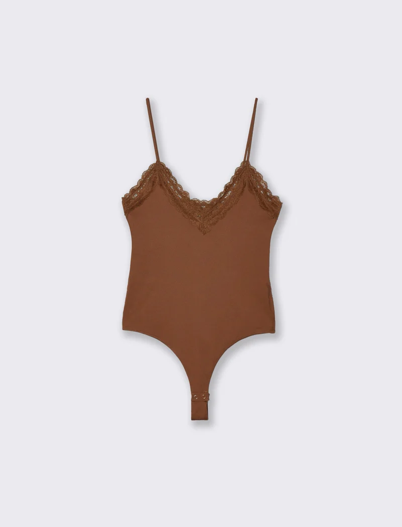 Body a bretelline con pizzo elegante - Marrone tabacco