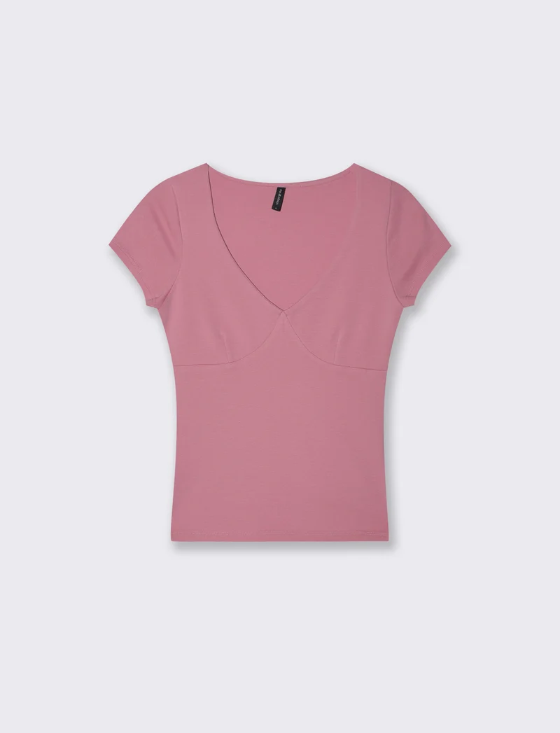T-shirt a manica corta scollo a V slim - Rosa