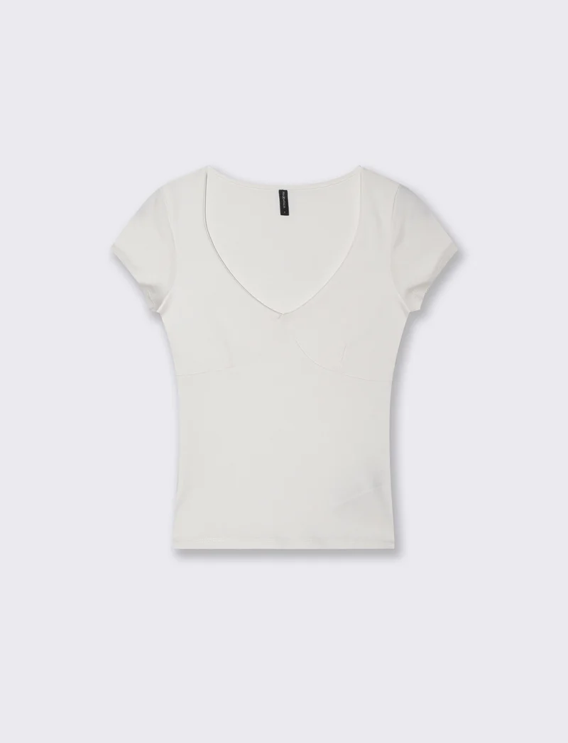 T-shirt a manica corta scollo a V slim - Bianco latte
