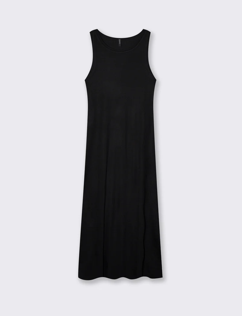 Vestito lungo a costine slim con scollo - Nero