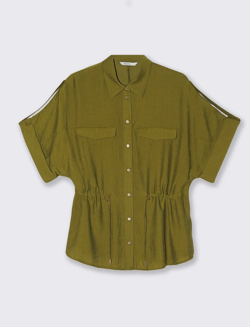 Camicia corta con coulisse e risvolto - Verde abete