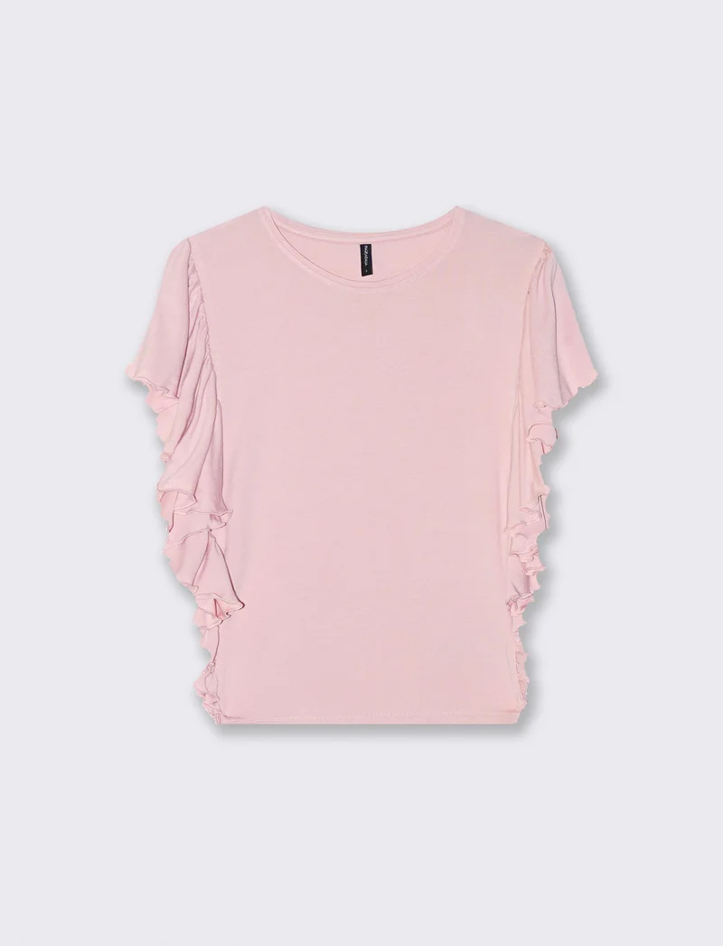 T-Shirt con Volant Laterali - Rosa polvere