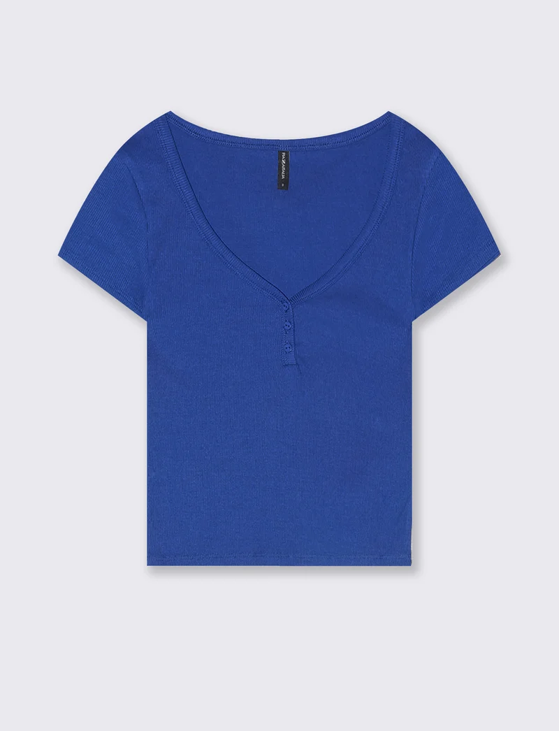 T-Shirt in Cotone con Scollo a V e Bottoni - Royal
