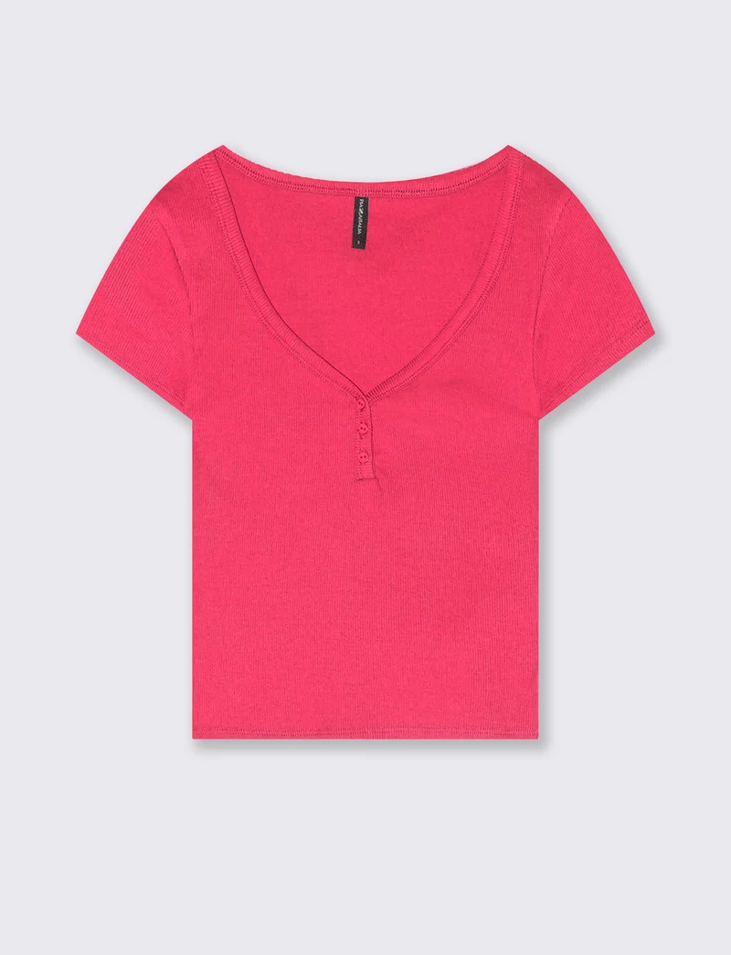 T-Shirt in Cotone con Scollo a V e Bottoni - Fuxia