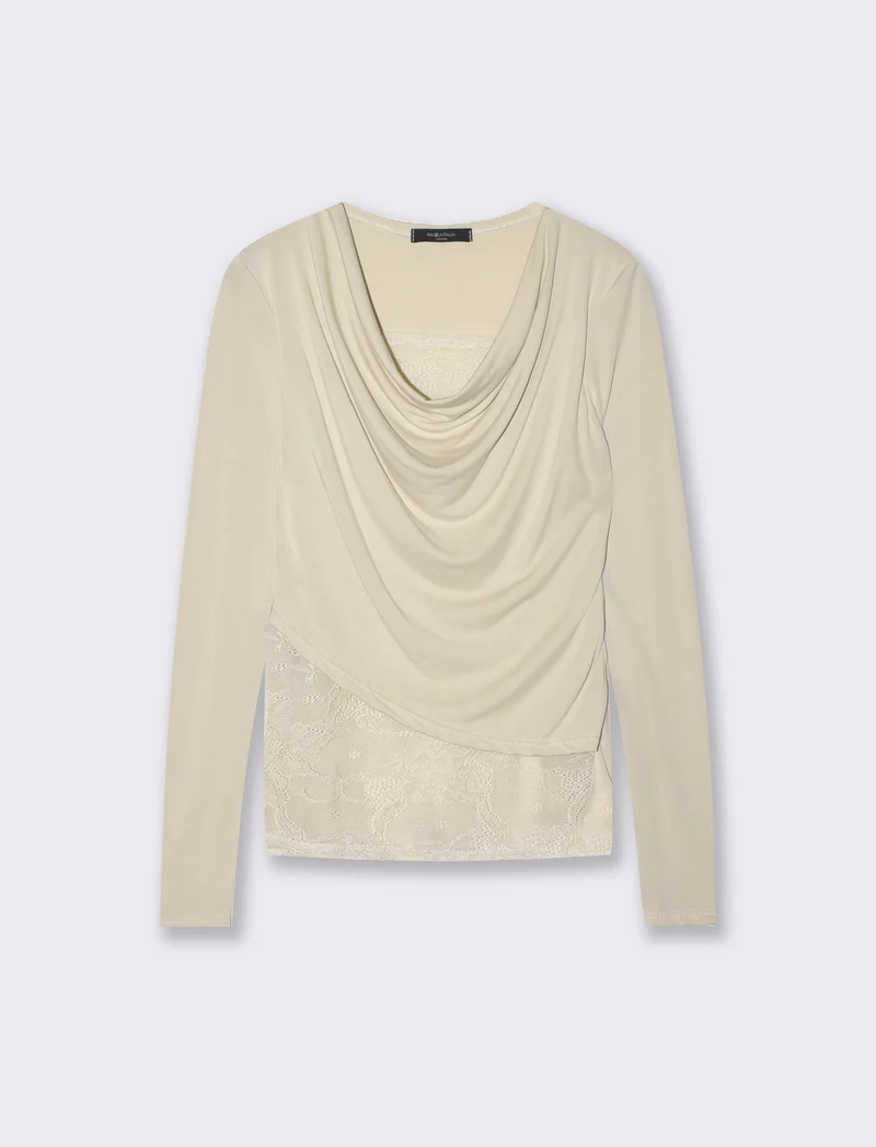 Tshirt con dettagli in pizzo - Beige