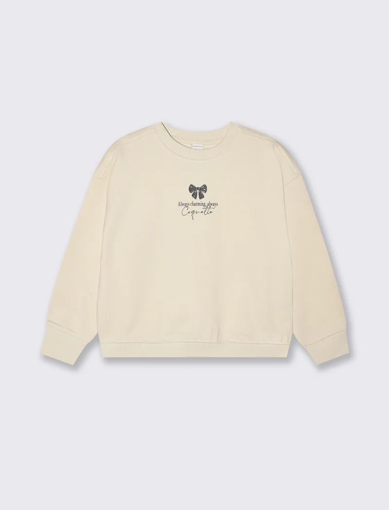 Felpa girocollo manica lunga con stampa - Beige