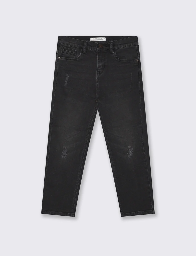 Jeans 5 tasche con rotture e patch - Nero