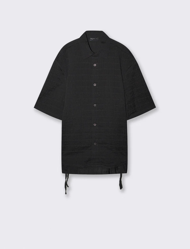 Camicia boxy fit in seer sucker con lacci - Nero