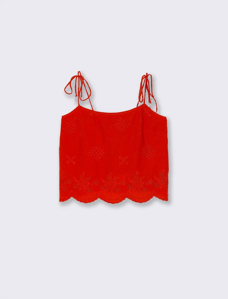 Top con Pizzo e Bretelle con Fiocco - Corallo