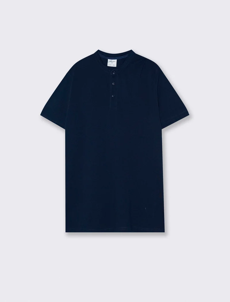 Polo coreana in piquet con colletto - Blu