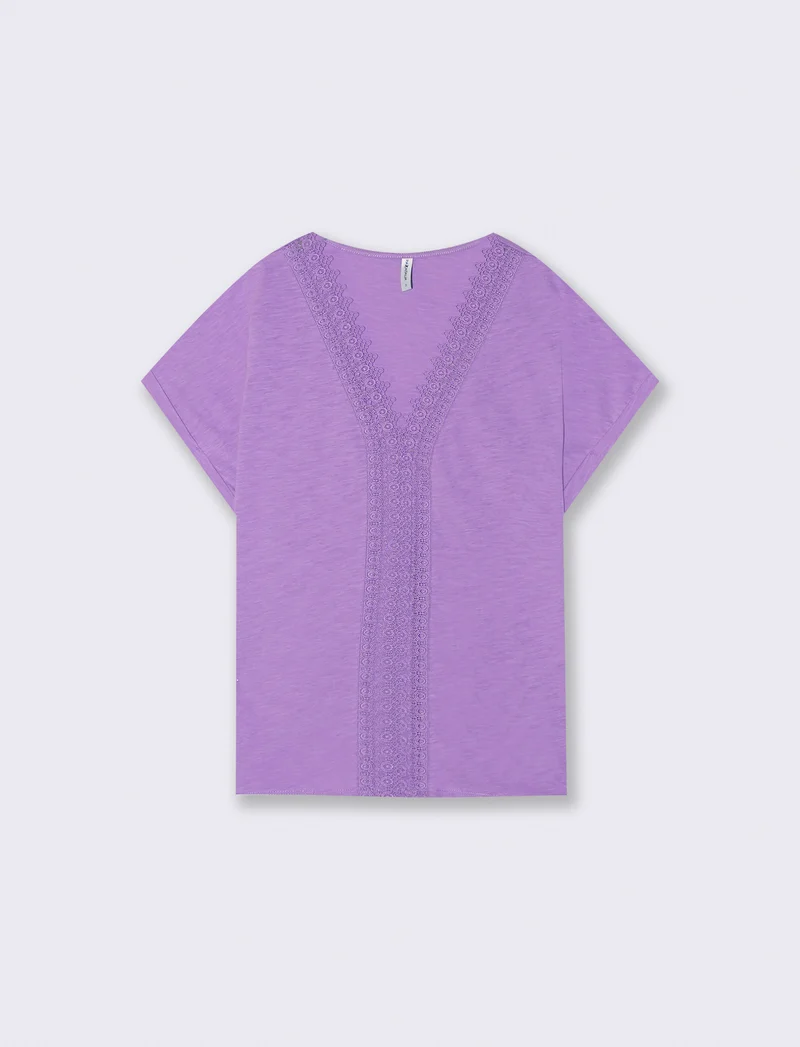 T-Shirt in Cotone con Passamaneria e Pizzo - Viola malva